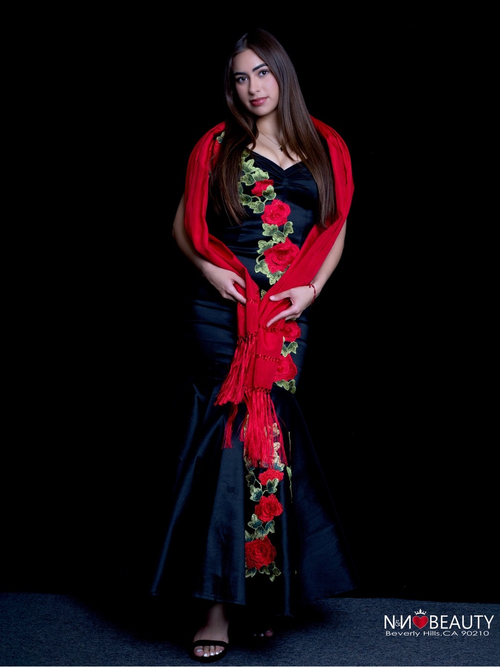 Black Satin Mermaid Dress with Red Rose Embroidery and Red Shawl - Picture 5 of 11